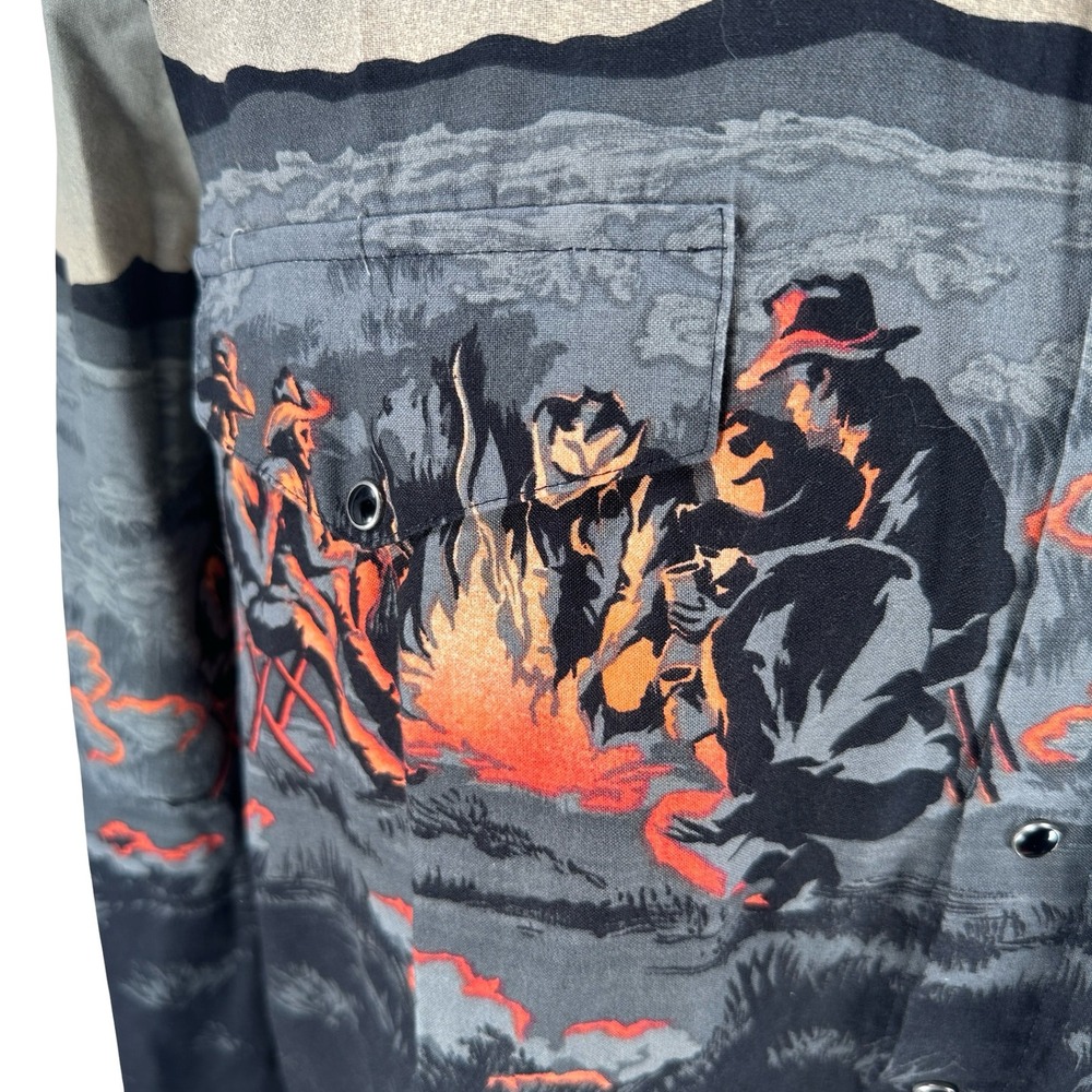 Vintage Roper Western Snap Shirt Mens XL Gray Black Cowboy Campfire Scenic USA - Picture 3 of 11